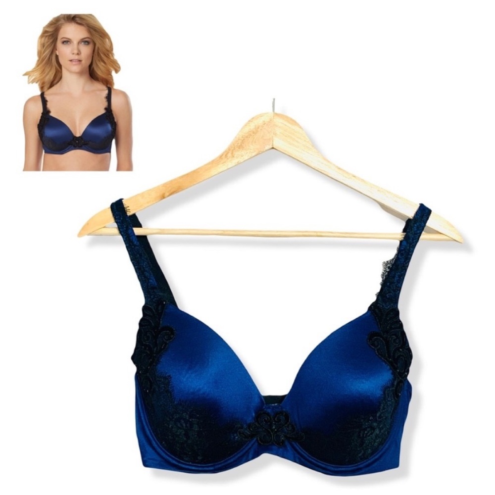 Soma Blue and Black Grandeur Full Coverage Bra Size 34DD Lace & Velvet Trim